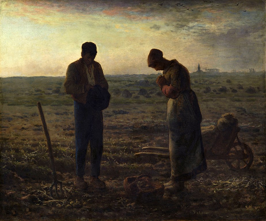 Depiction of two people praying the angelus in a field